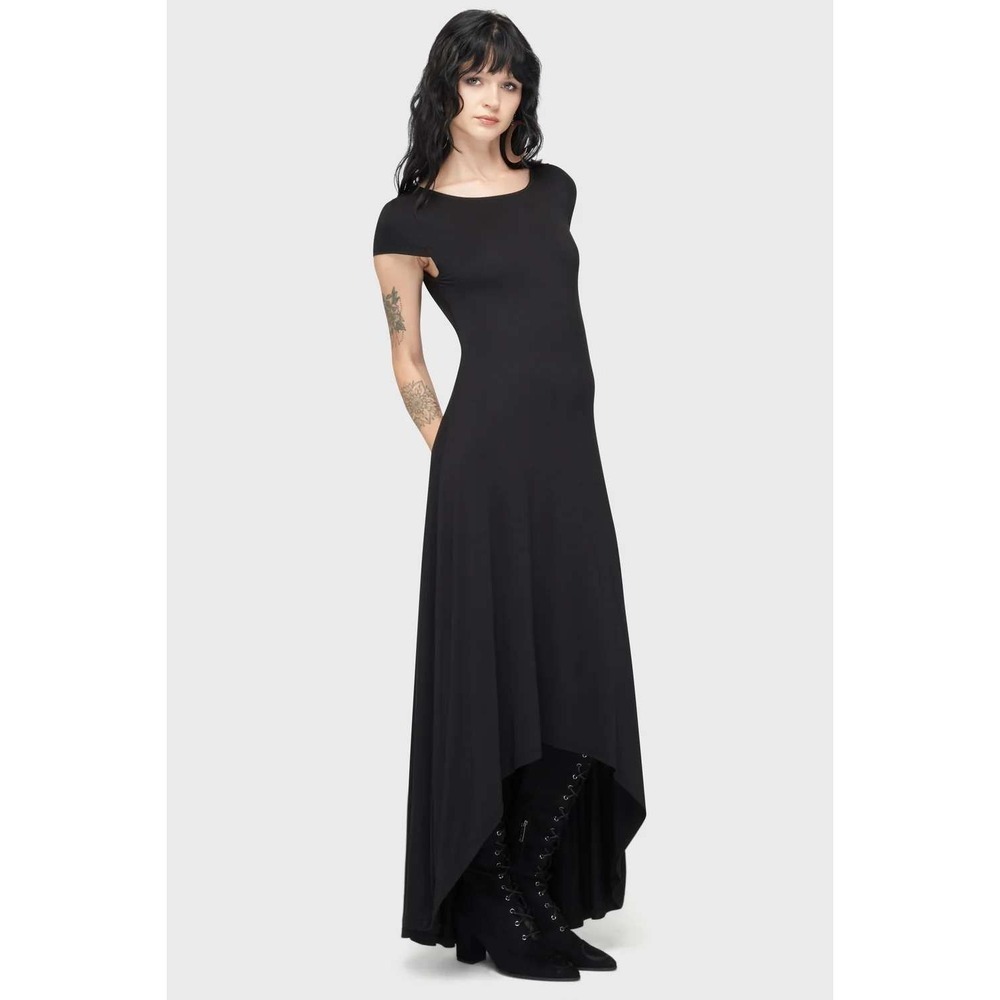 Killstar Ripley T Black Short Sleeve High Low Maxi Dress Scoop Neck Cap Sleeve